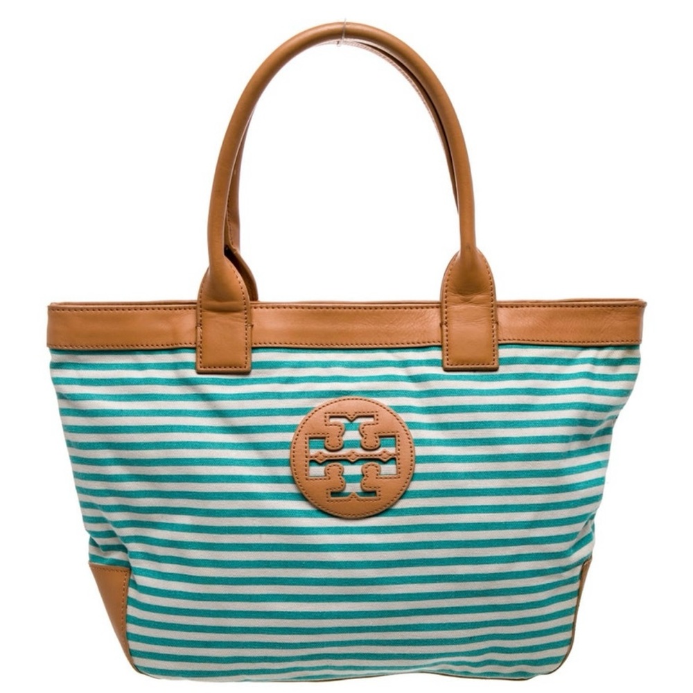 Tory Burch Aqua and Tan Striped Tote - Picture 2 of 6